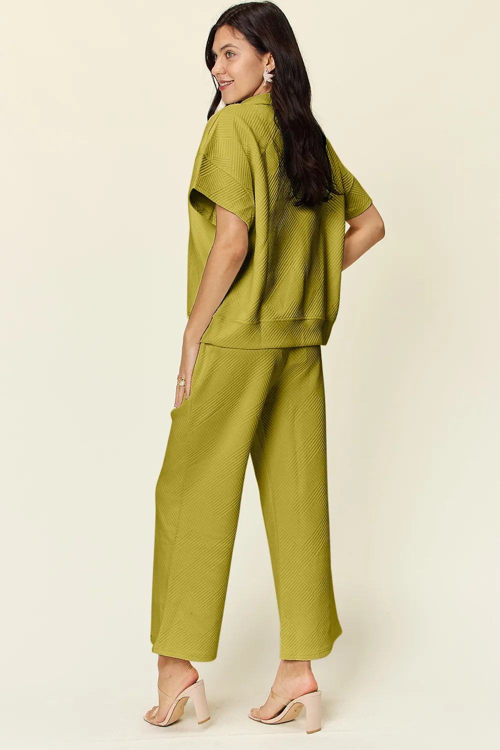 Double Take Full Size Texture Half Zip Short Sleeve Top and Pants Set - Enfance-Heureuse