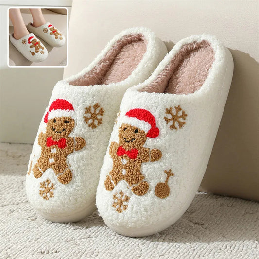 Christmas Snowflake Gingerbread Slippers Winter Indoor Non-slip Floor Bedroom Fuzzy House Shoes For Women Home Slippers - Enfance-Heureuse