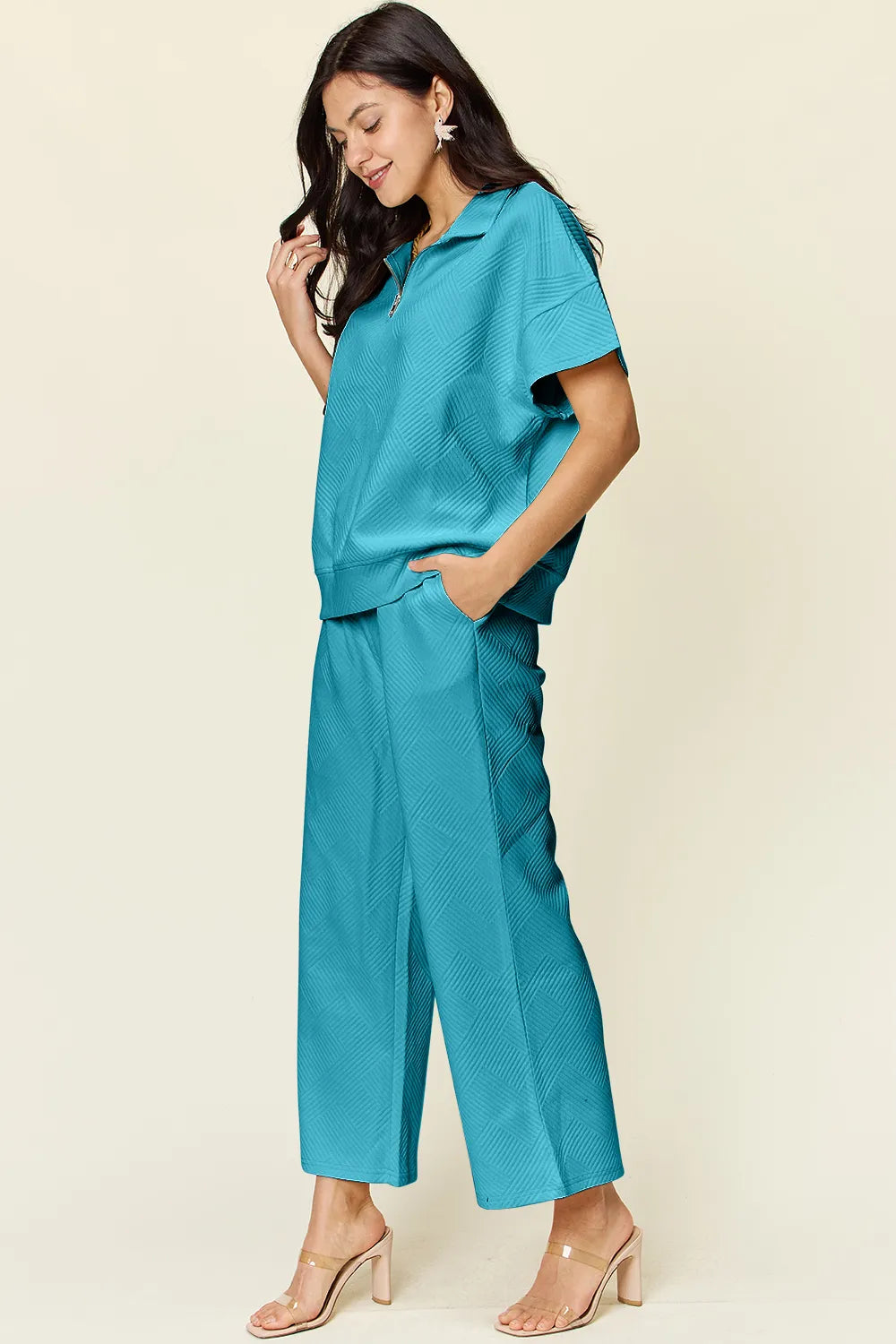 Double Take Full Size Texture Half Zip Short Sleeve Top and Pants Set - Enfance-Heureuse