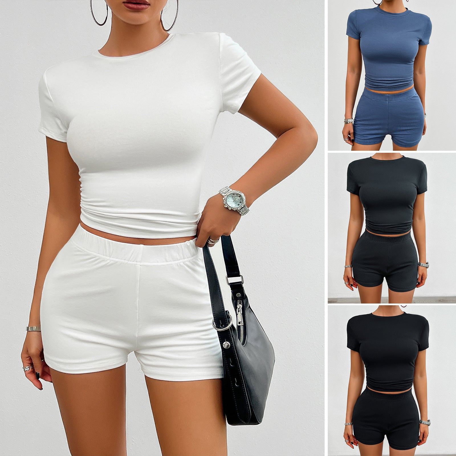 Solid Color Slim Sports Suit Summer 2Pcs Short-sleeved Round Neck T-shirt And Elastic Shorts Fashion Womens Clothing - Enfance-Heureuse