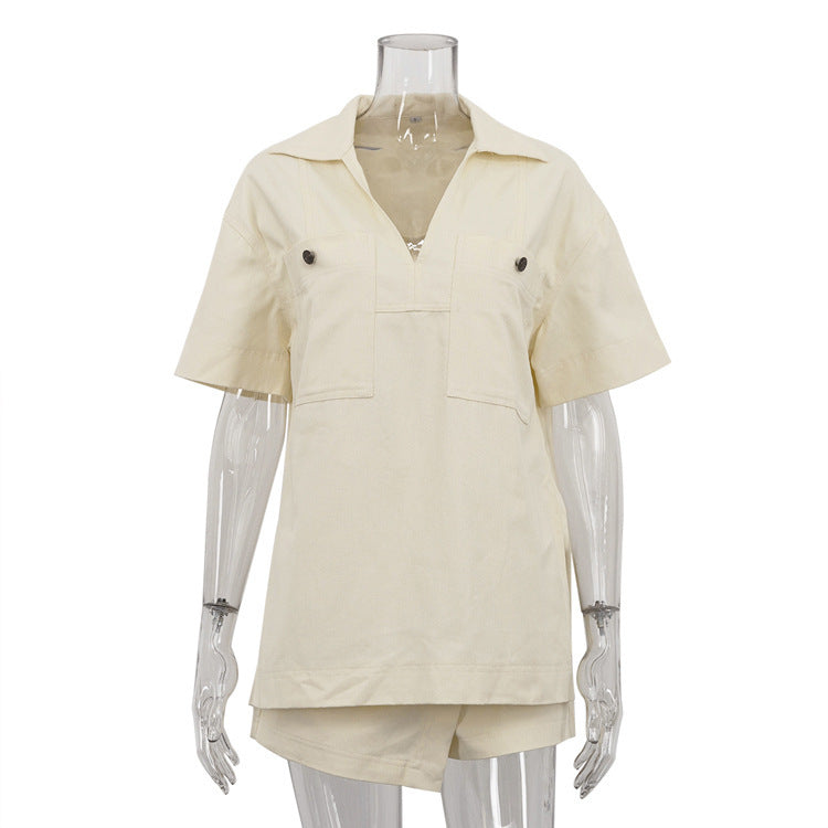 Lapel Short Sleeve Pocket Pullover Top High-waisted Trousers Skirt Two-piece Set - Enfance-Heureuse