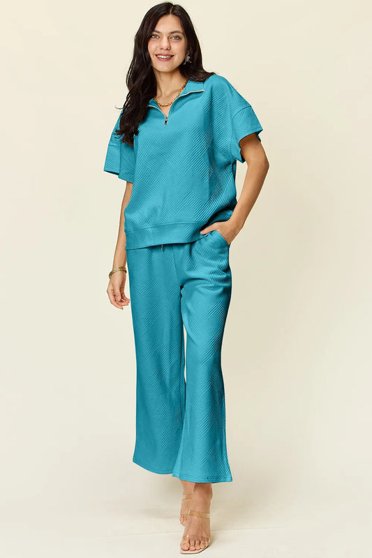Double Take Full Size Texture Half Zip Short Sleeve Top and Pants Set - Enfance-Heureuse