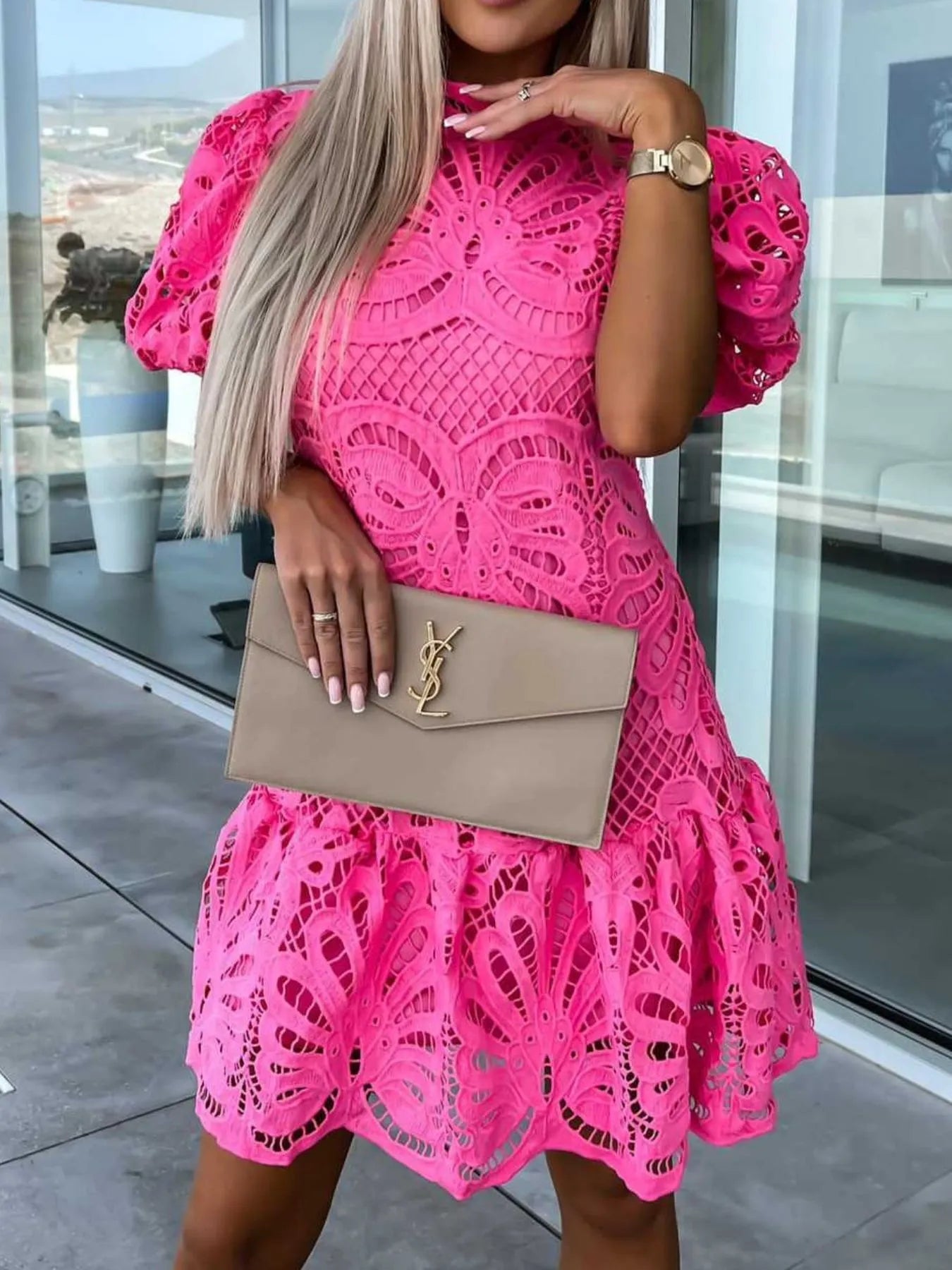 Lace Mock Neck Puff Sleeve Dress - Enfance-Heureuse