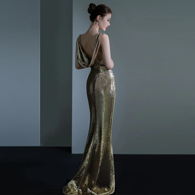 Fishtail Evening Dress For Women Elegant Sequins Annual Meeting Sexy Backless - Enfance-Heureuse