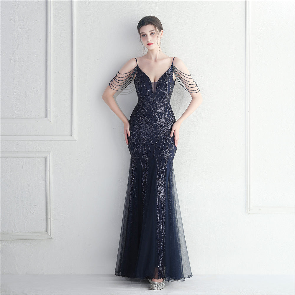 Mesh Beaded Bridal Wedding Dinner Long Camisole Evening Gown - Enfance-Heureuse