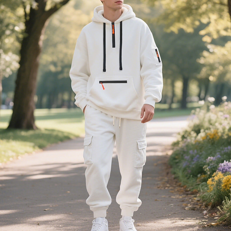 Men's Loose Sports And Leisure Suit Sweater Fleece-lined Hoodie Set Zipper Multi-Pocket Pullover Men's Sports Casual Top Two-piece Set - Enfance-Heureuse
