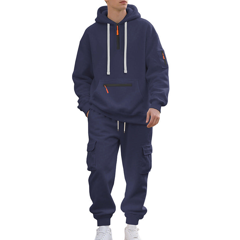 Men's Loose Sports And Leisure Suit Sweater Fleece-lined Hoodie Set Zipper Multi-Pocket Pullover Men's Sports Casual Top Two-piece Set - Enfance-Heureuse