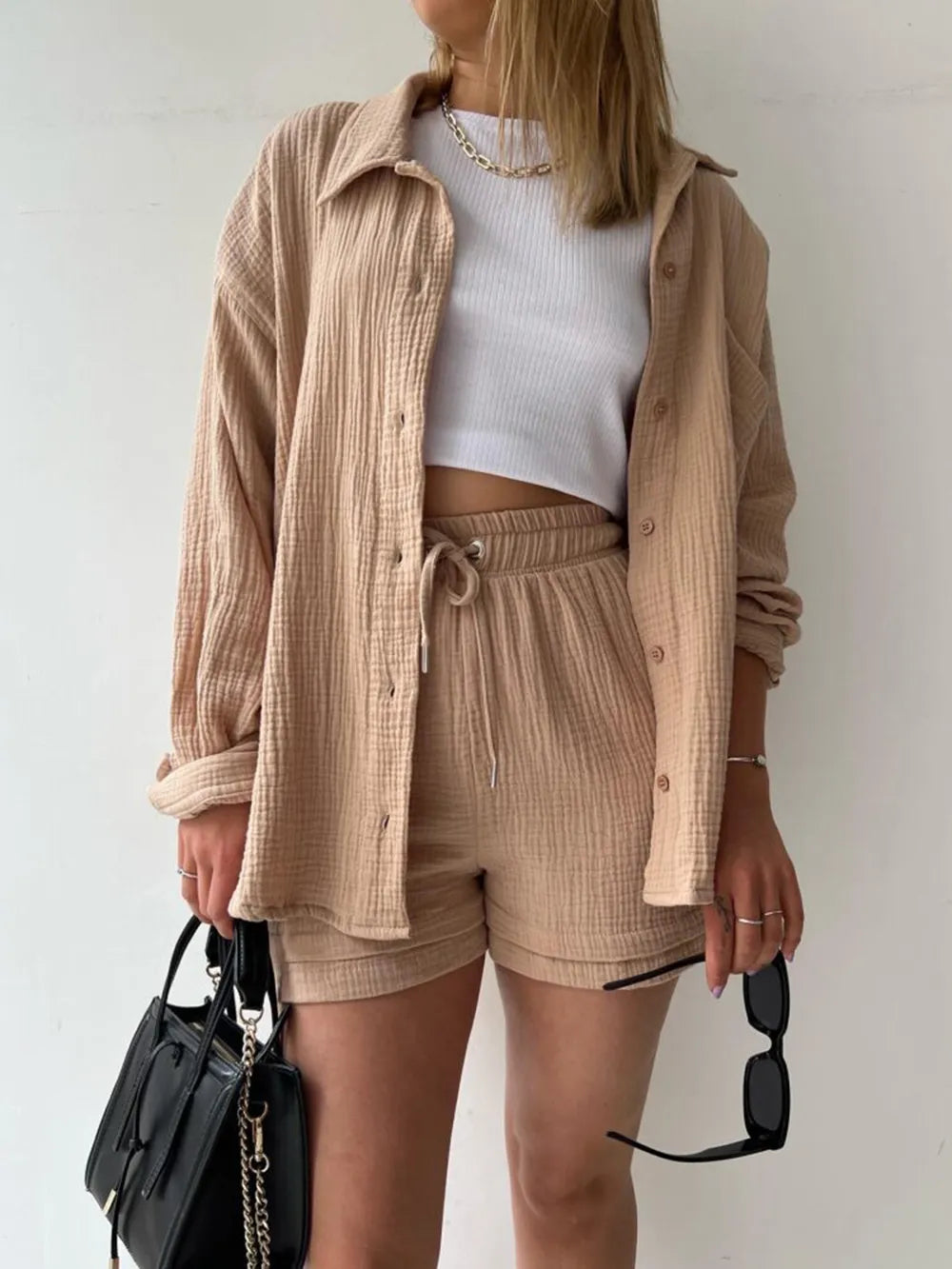 Texture Button Up Shirt and Drawstring Shorts Set - Enfance-Heureuse