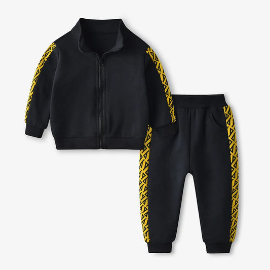 CUHK Enfants À Manches Longues Imprimé Fermeture Éclair Chemise Casual Pantalon De Sport Mis Noir Deux-Pièce Ensemble