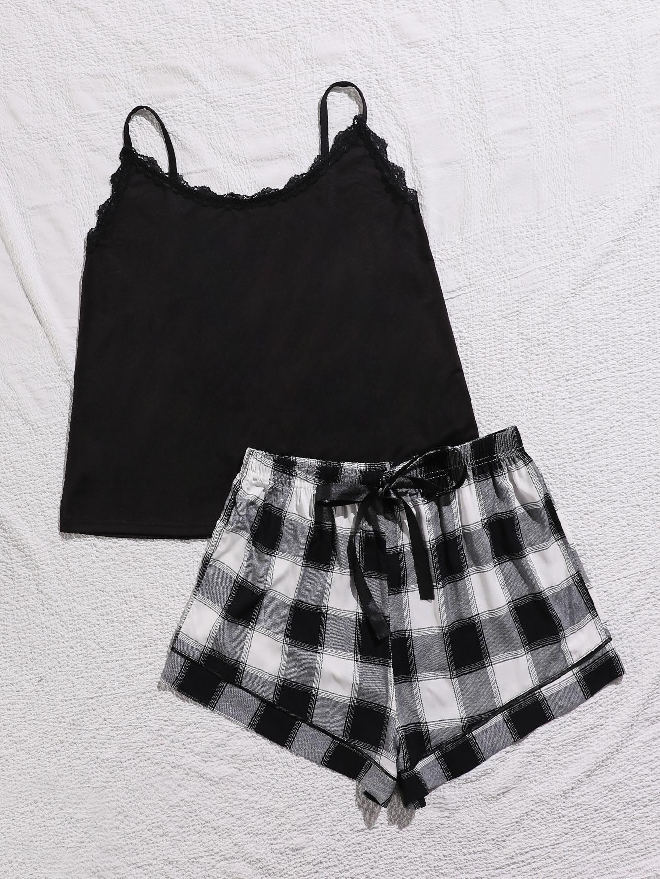 Plus Size Lace Trim Scoop Neck Cami and Printed Shorts Pajama Set - Enfance-Heureuse