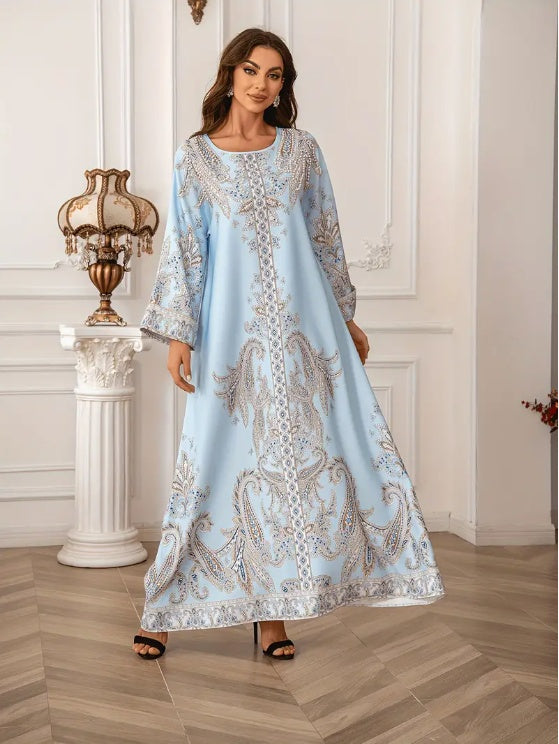 Elegant Floral Print Long Sleeve Abaya Dress - Enfance-Heureuse