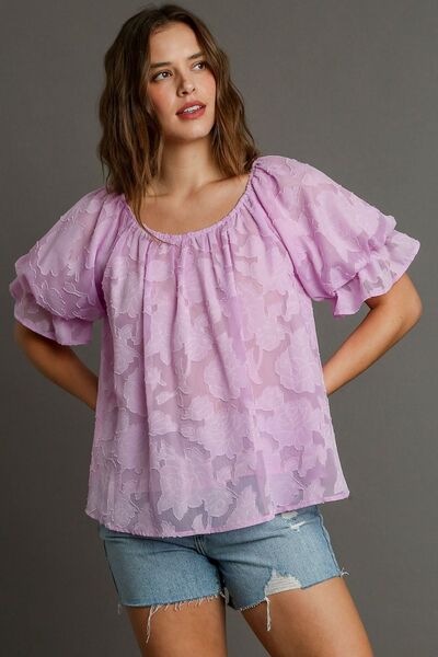 Umgee Full Size Jacquard Round Neck Ruffled Puff Sleeve Blouse Plus Size - Enfance-Heureuse