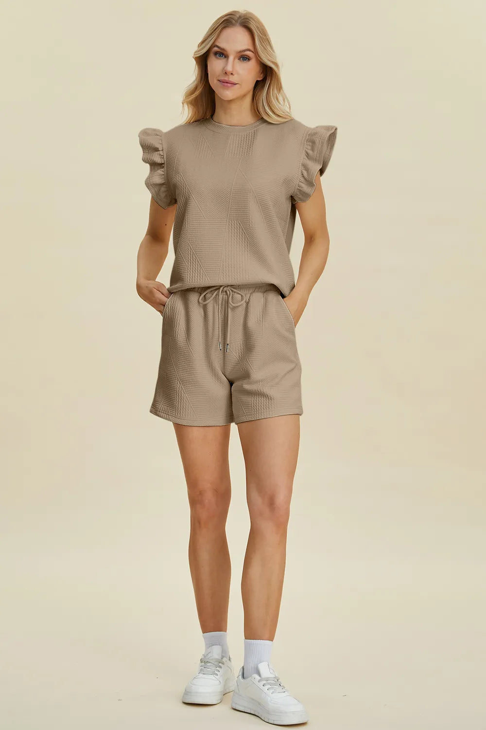 Double Take Full Size Texture Round Neck Ruffle Sleeve Top and Shorts Set - Enfance-Heureuse