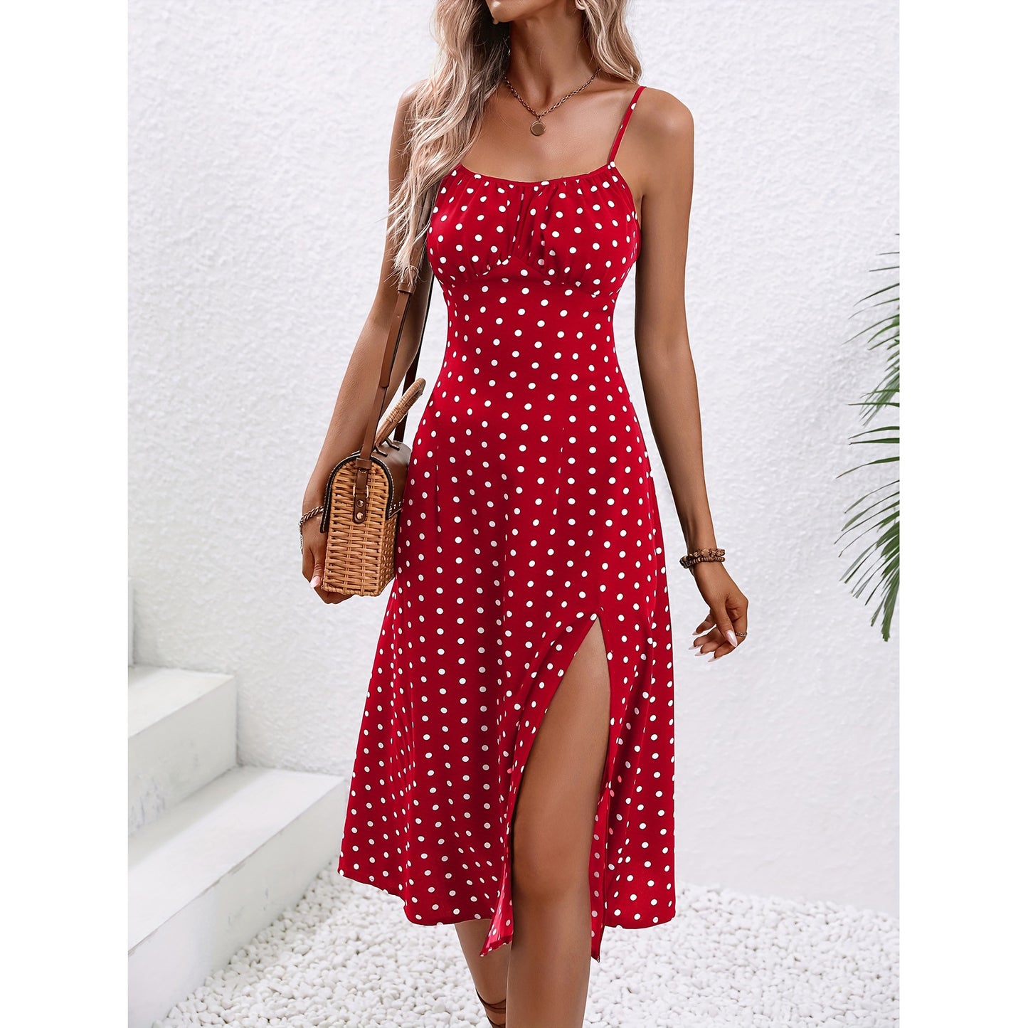 New Polka Dot Print Suspender Dress Summer Sexy Split Long Dresses For Womens Clothing - Enfance-Heureuse