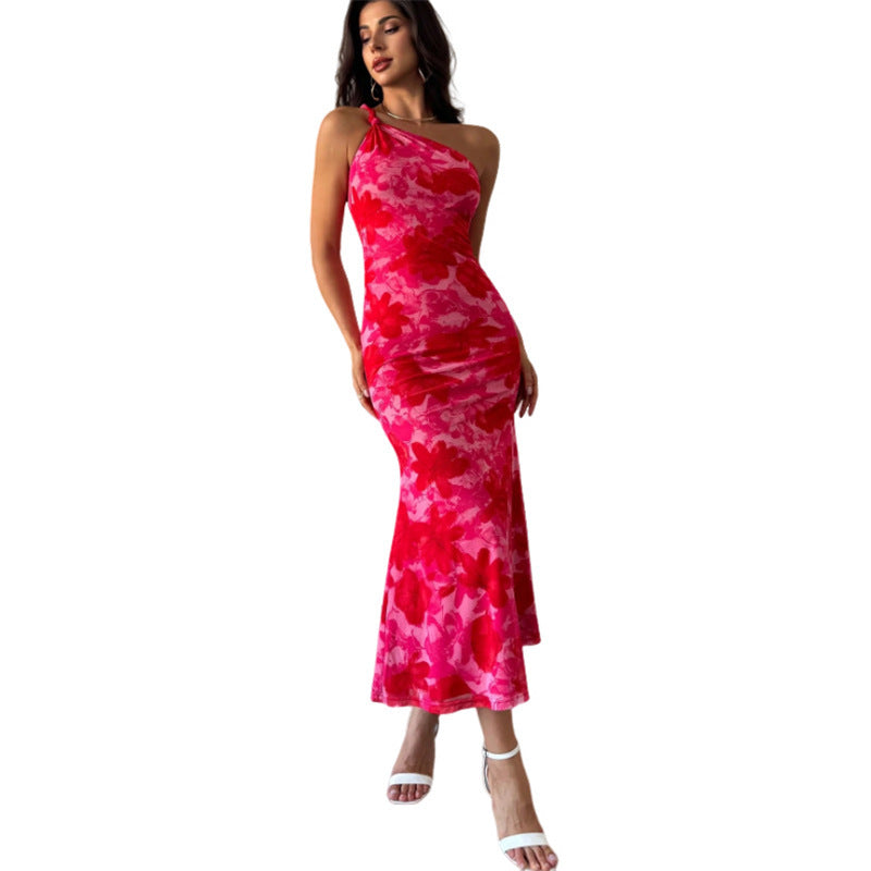 European And American Style Irregular Pattern Print Shoulder Belt Sling Dress Women - Enfance-Heureuse