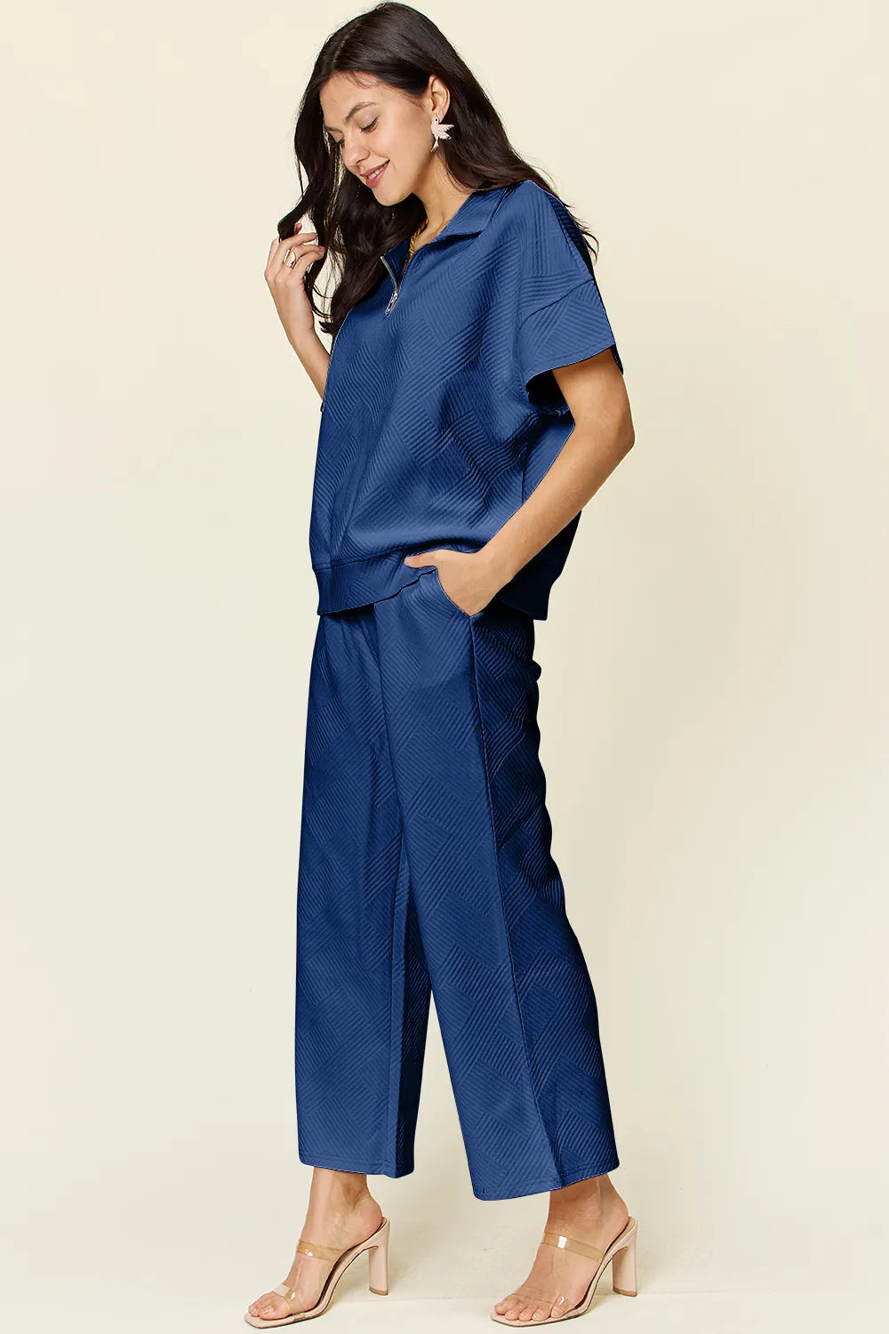 Double Take Full Size Texture Half Zip Short Sleeve Top and Pants Set - Enfance-Heureuse
