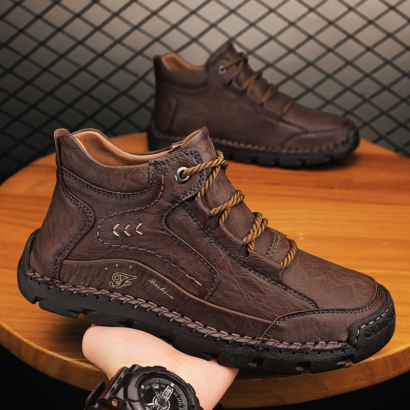 Fleece-lined Warm Mid-top Cotton-padded Shoes Soft Bottom Stitching Non-slip Men's Outdoor Leisure Shoes - Enfance-Heureuse