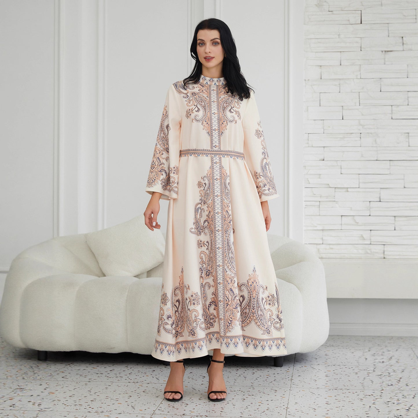 Stand Collar Printing Long Retro Muslim Dress - Enfance-Heureuse