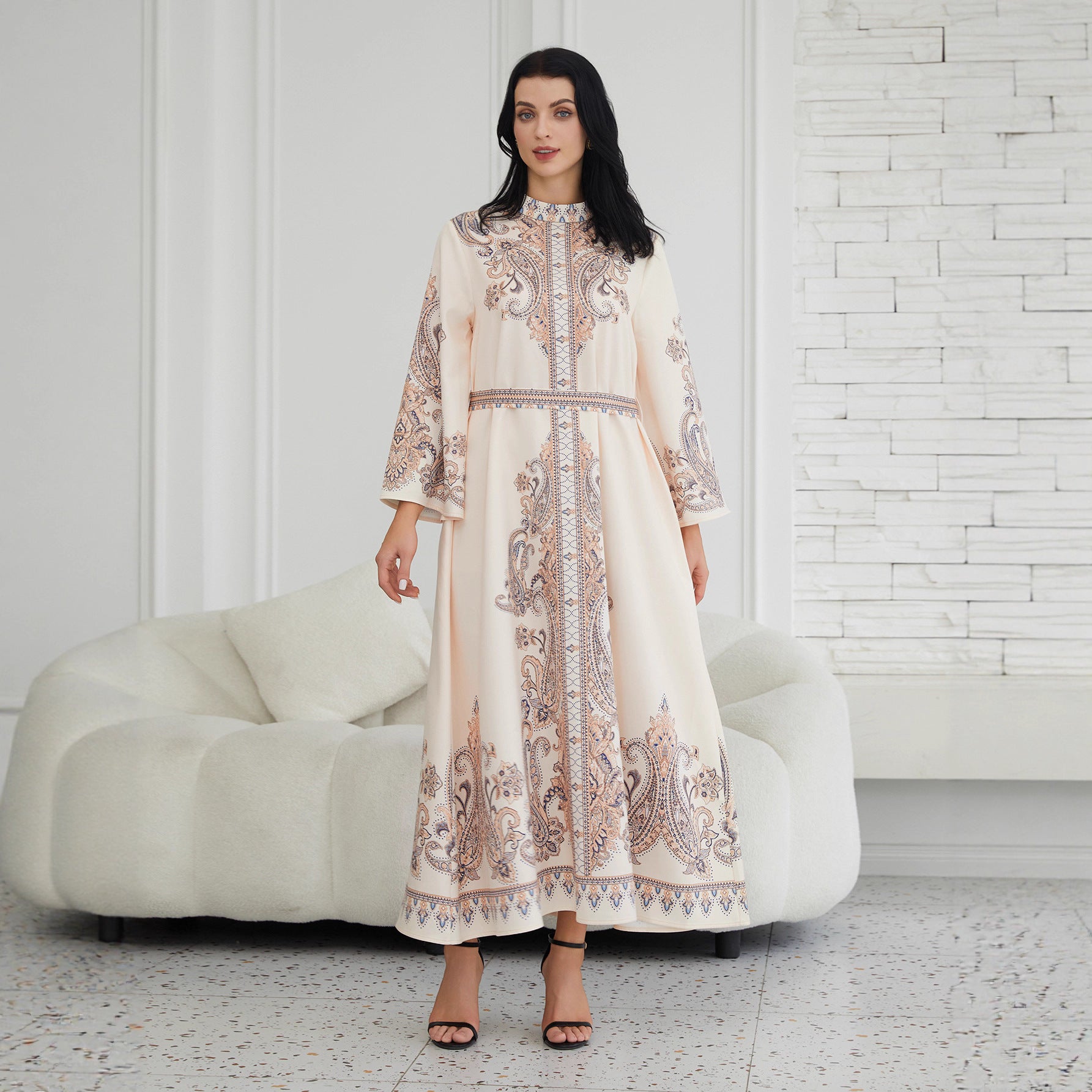 Stand Collar Printing Long Retro Muslim Dress - Enfance-Heureuse
