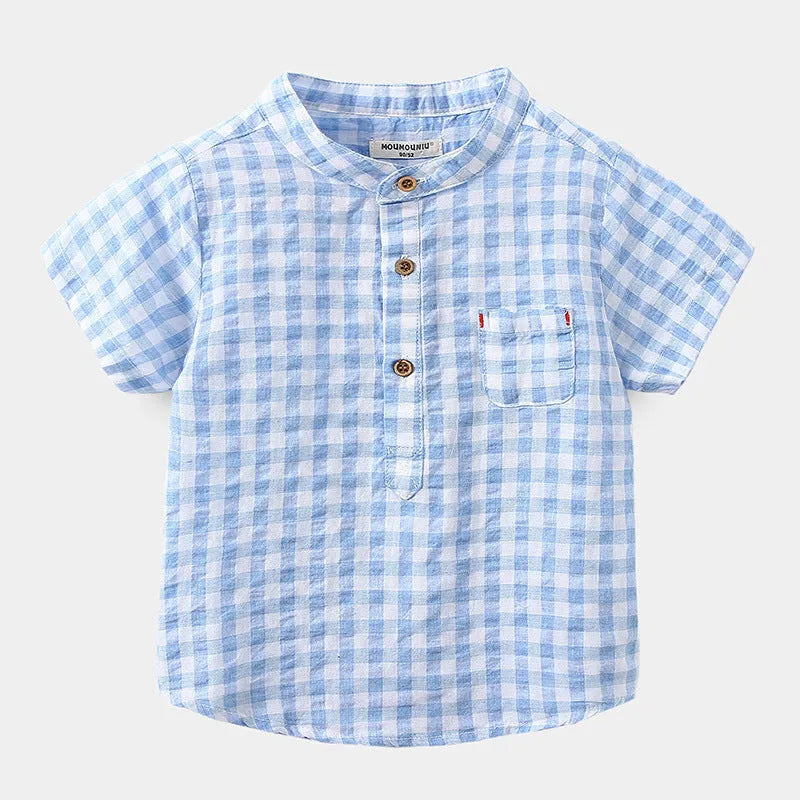 Children's Cotton Blue Short-sleeved Shirt Fashion Casual Short-sleeved Plaid Shirt