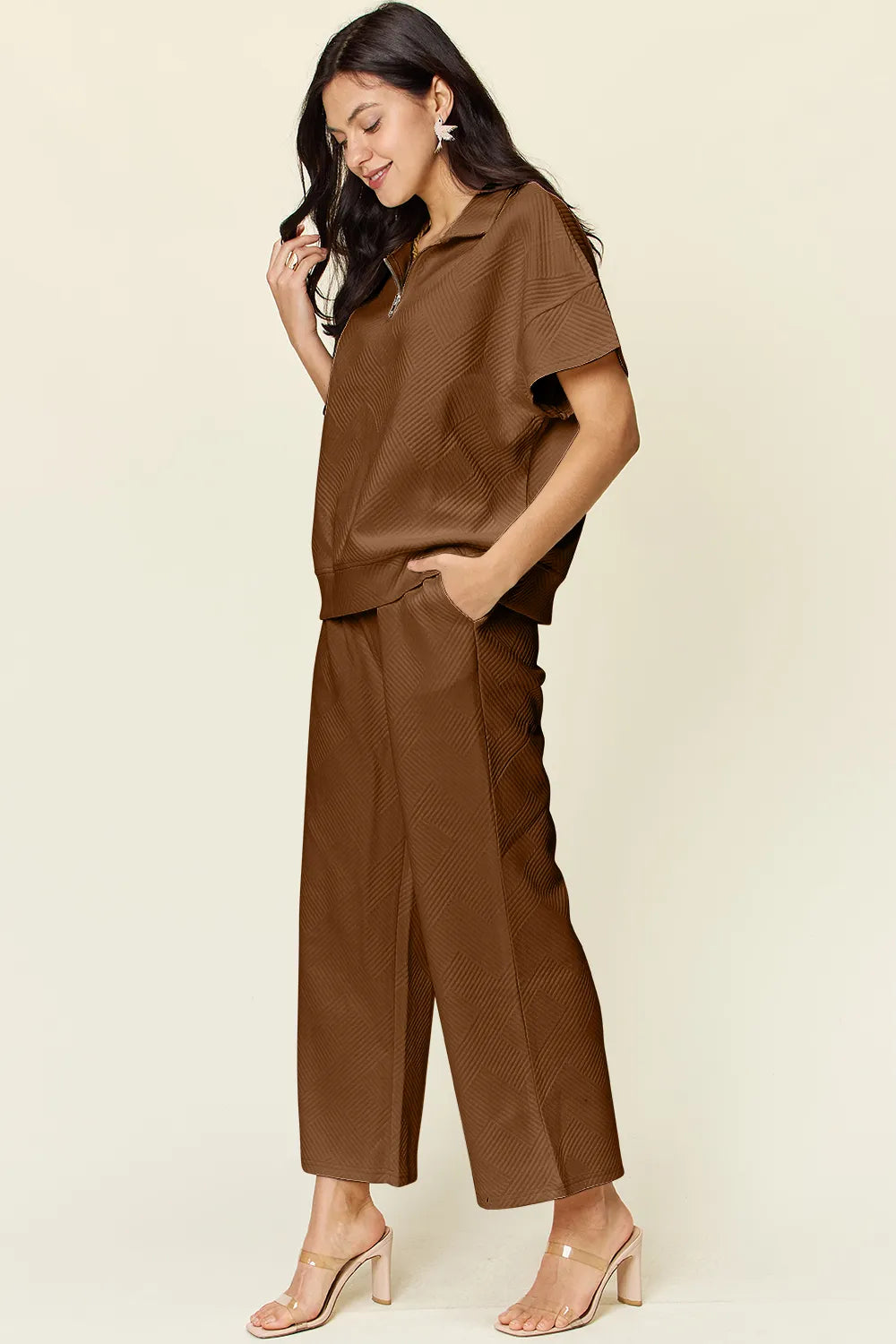 Double Take Full Size Texture Half Zip Short Sleeve Top and Pants Set - Enfance-Heureuse
