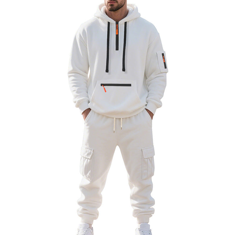 Men's Loose Sports And Leisure Suit Sweater Fleece-lined Hoodie Set Zipper Multi-Pocket Pullover Men's Sports Casual Top Two-piece Set - Enfance-Heureuse