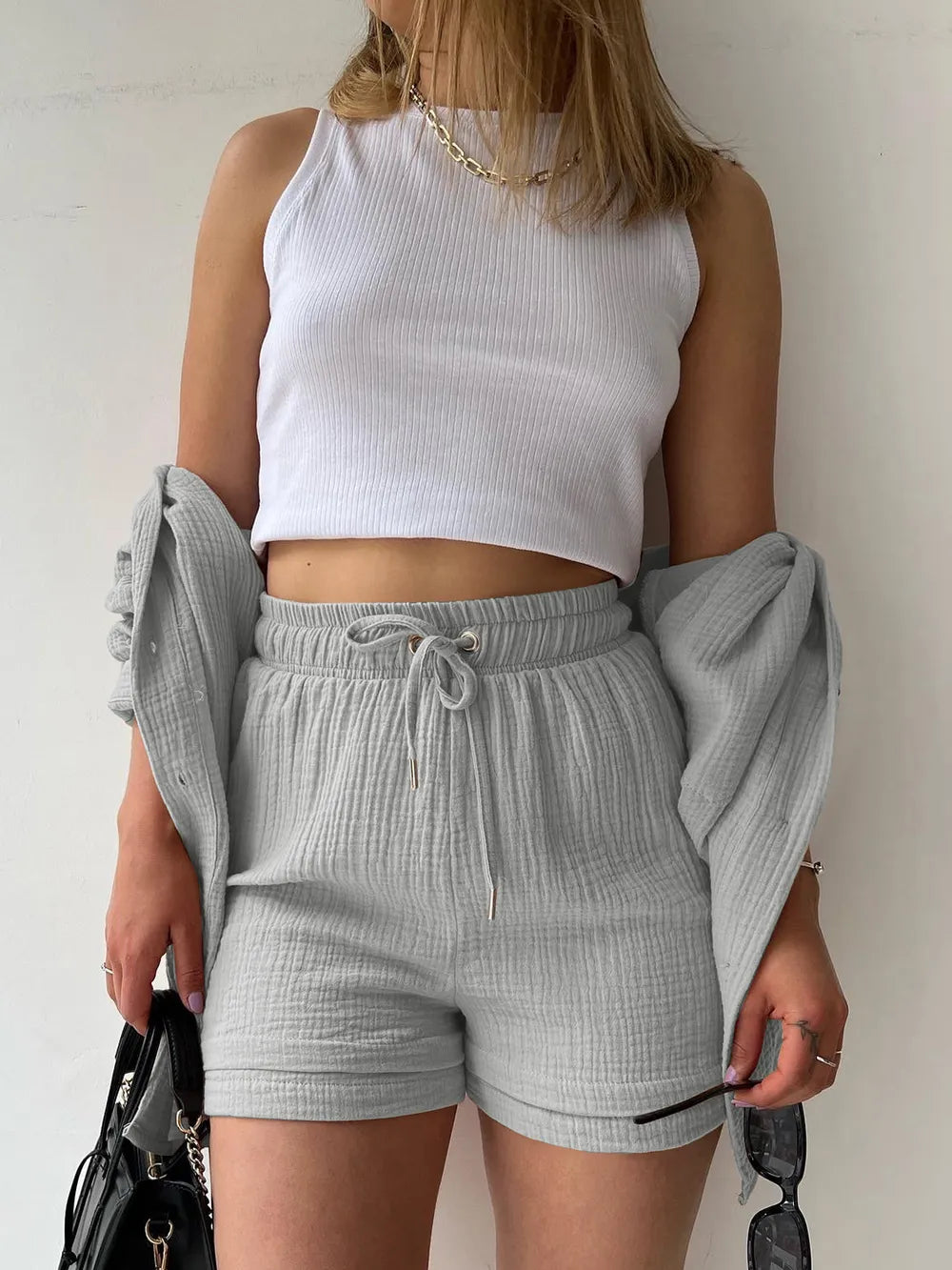 Texture Button Up Shirt and Drawstring Shorts Set - Enfance-Heureuse