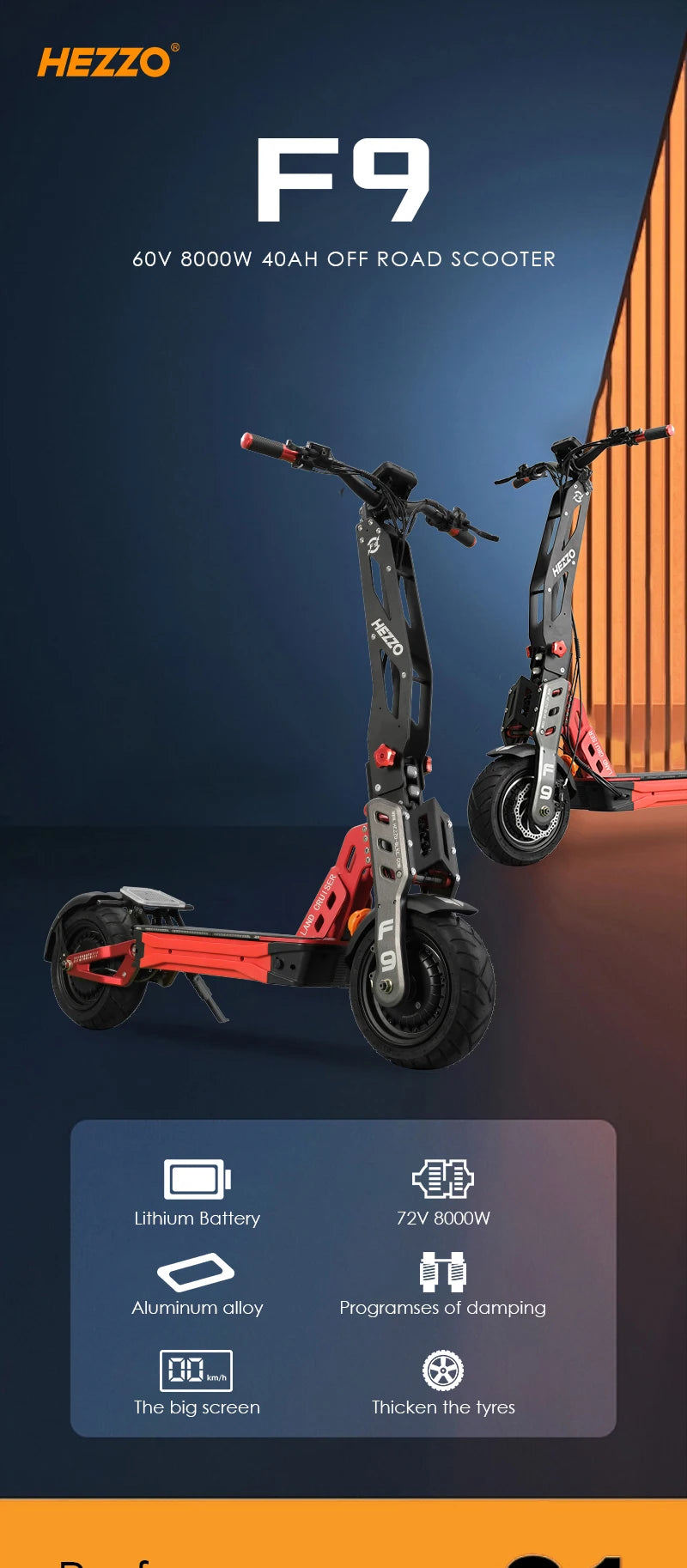 HEZZO F9 Foldable Electric Scooter for Adults 60v 8000w Dual Motors Powerful 60MPH EScooter Fat Tire 40Ah NFC Off Road Scooter - Enfance-Heureuse