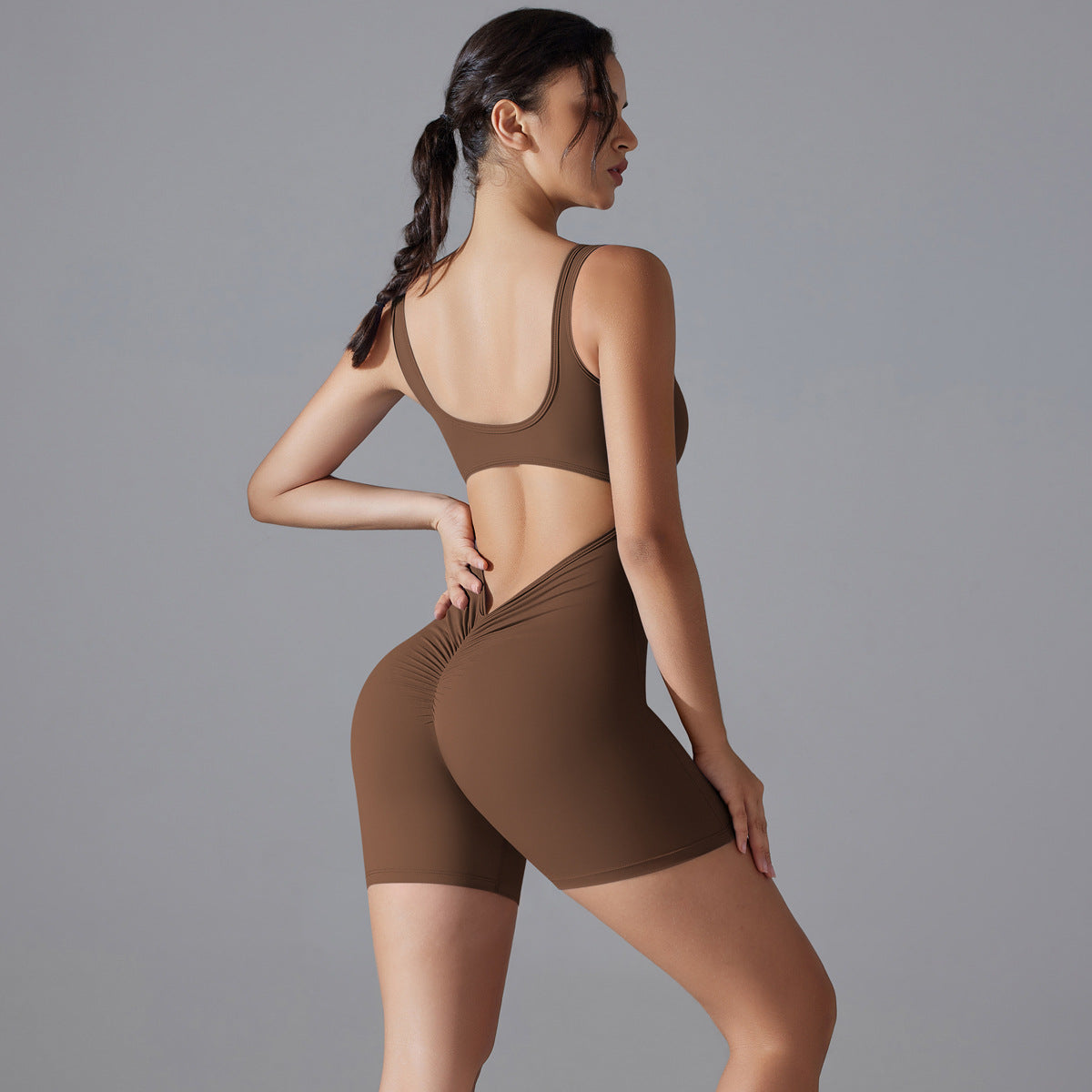 Peach Hip V Waist Tight Shorts Jumpsuit - Enfance-Heureuse