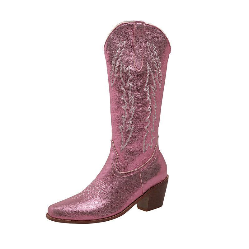 European And American Women's Mid-calf Fluorescent Pointed Knight Boots Chunky Heel Shoes Boots - Enfance-Heureuse