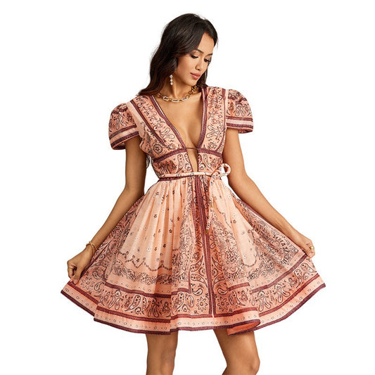 Vacation Style Printed Short Dress - Enfance-Heureuse