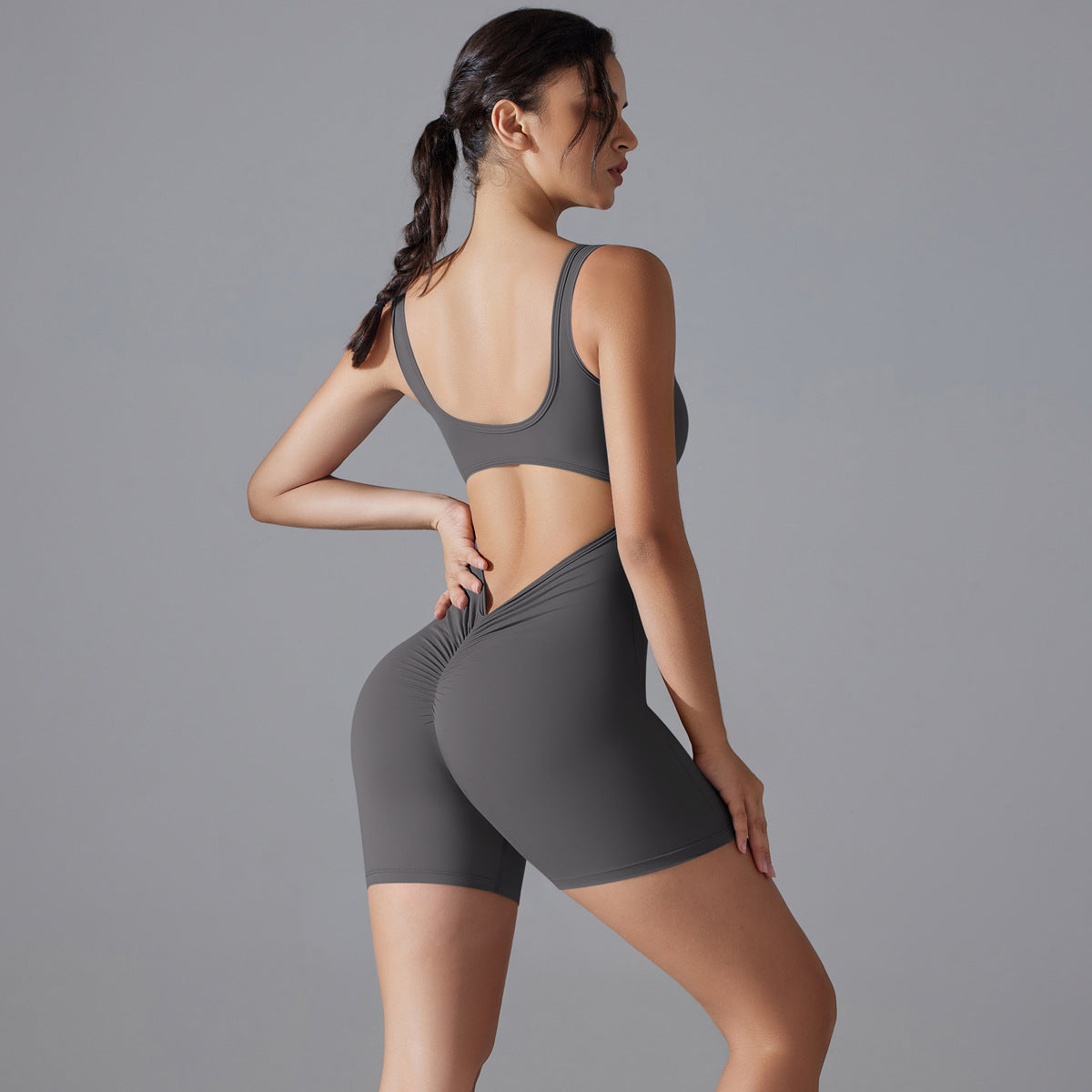 Peach Hip V Waist Tight Shorts Jumpsuit - Enfance-Heureuse