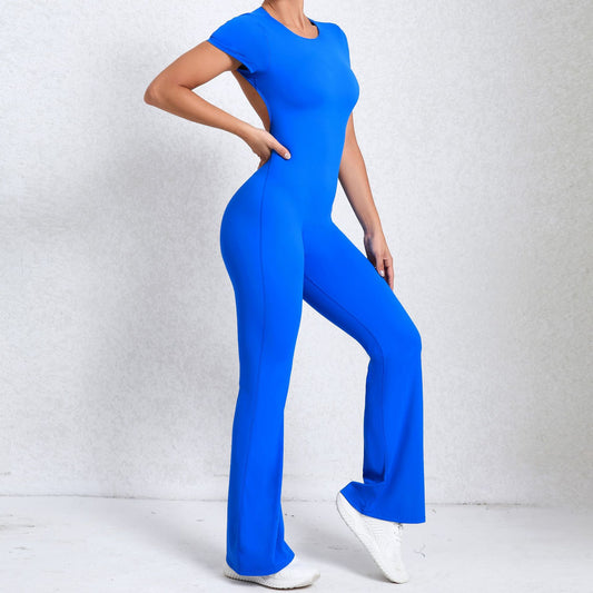 Bare Back Short Sleeve Nude Feel Yoga Outer Wear Fitness Sports Jumpsuit - Enfance-Heureuse
