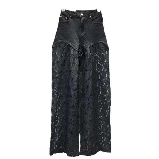Lace Stitching Straight Wide Leg Jeans - Enfance-Heureuse