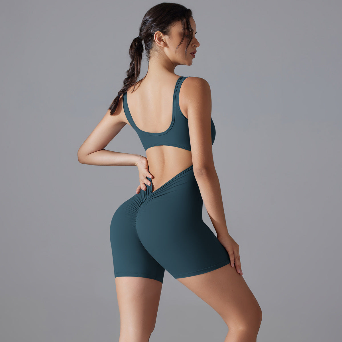 Peach Hip V Waist Tight Shorts Jumpsuit - Enfance-Heureuse