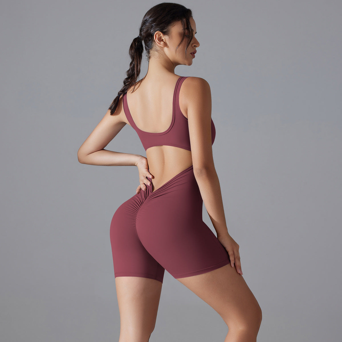 Peach Hip V Waist Tight Shorts Jumpsuit - Enfance-Heureuse