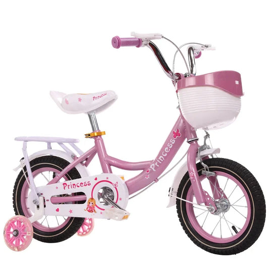 Vélo rose princesse avec siège arrière et roue à assistance flash pour enfant, bicyclette de ville pour bébé fille