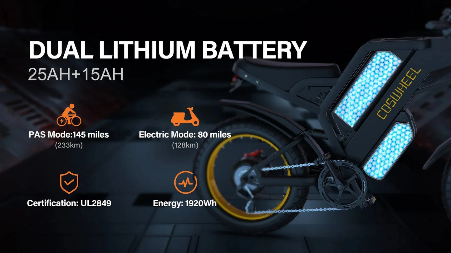 Coswheel Electric bike 3000W GT20 PRO Off Road Electric Motorcycle 48V 40AH Dual Motor Dual Battery Mountain bike Fat Tire Ebike - Enfance-Heureuse