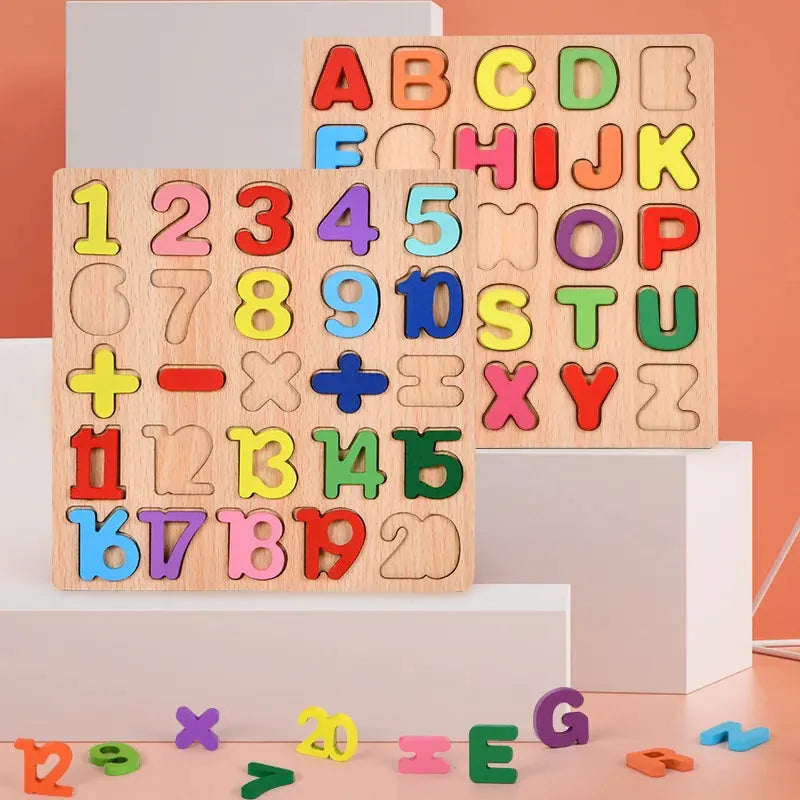 Educación Montessori para niños. Letras del alfabeto y números en colores.