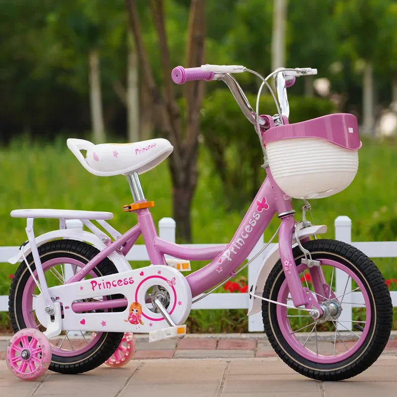 Vélo rose princesse avec siège arrière et roue à assistance flash pour enfant, bicyclette de ville pour bébé fille