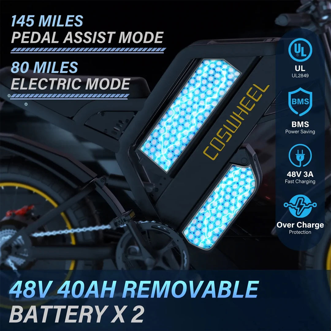 Coswheel Electric bike 3000W GT20 PRO Off Road Electric Motorcycle 48V 40AH Dual Motor Dual Battery Mountain bike Fat Tire Ebike - Enfance-Heureuse