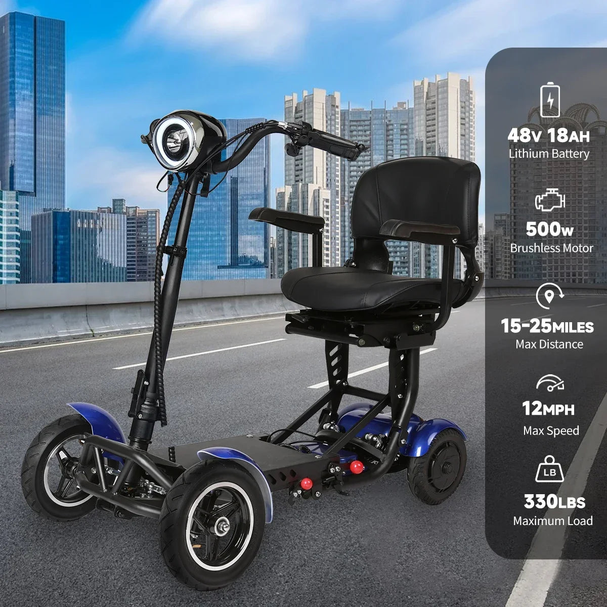 48V 12mph 500W Lightweight Foldable Four-wheel Electric Scooter 15-25miles E-Scooters 2 Dual Motor 2 Seat For Elderly/Disabled