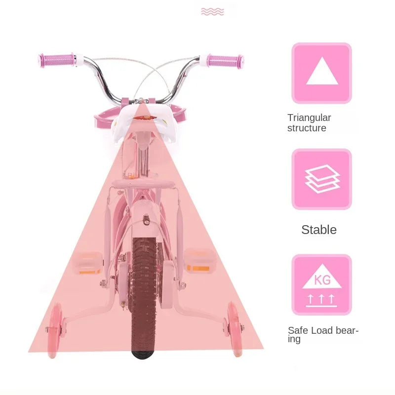 Vélo rose princesse avec siège arrière et roue à assistance flash pour enfant, bicyclette de ville pour bébé fille