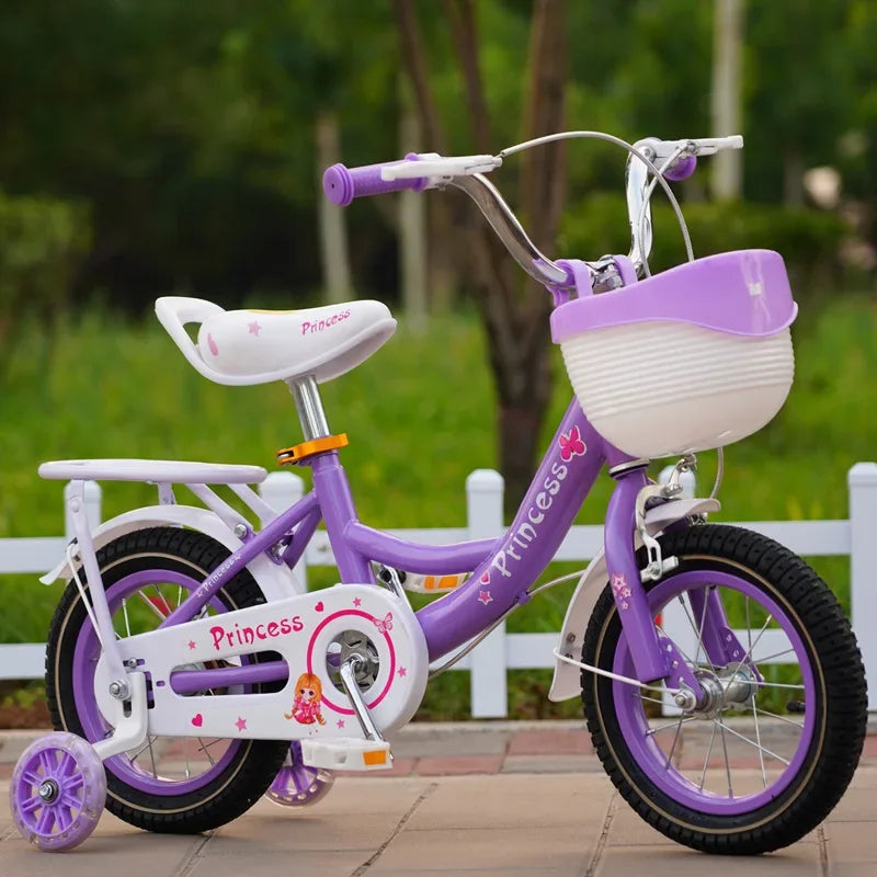 Vélo rose princesse avec siège arrière et roue à assistance flash pour enfant, bicyclette de ville pour bébé fille