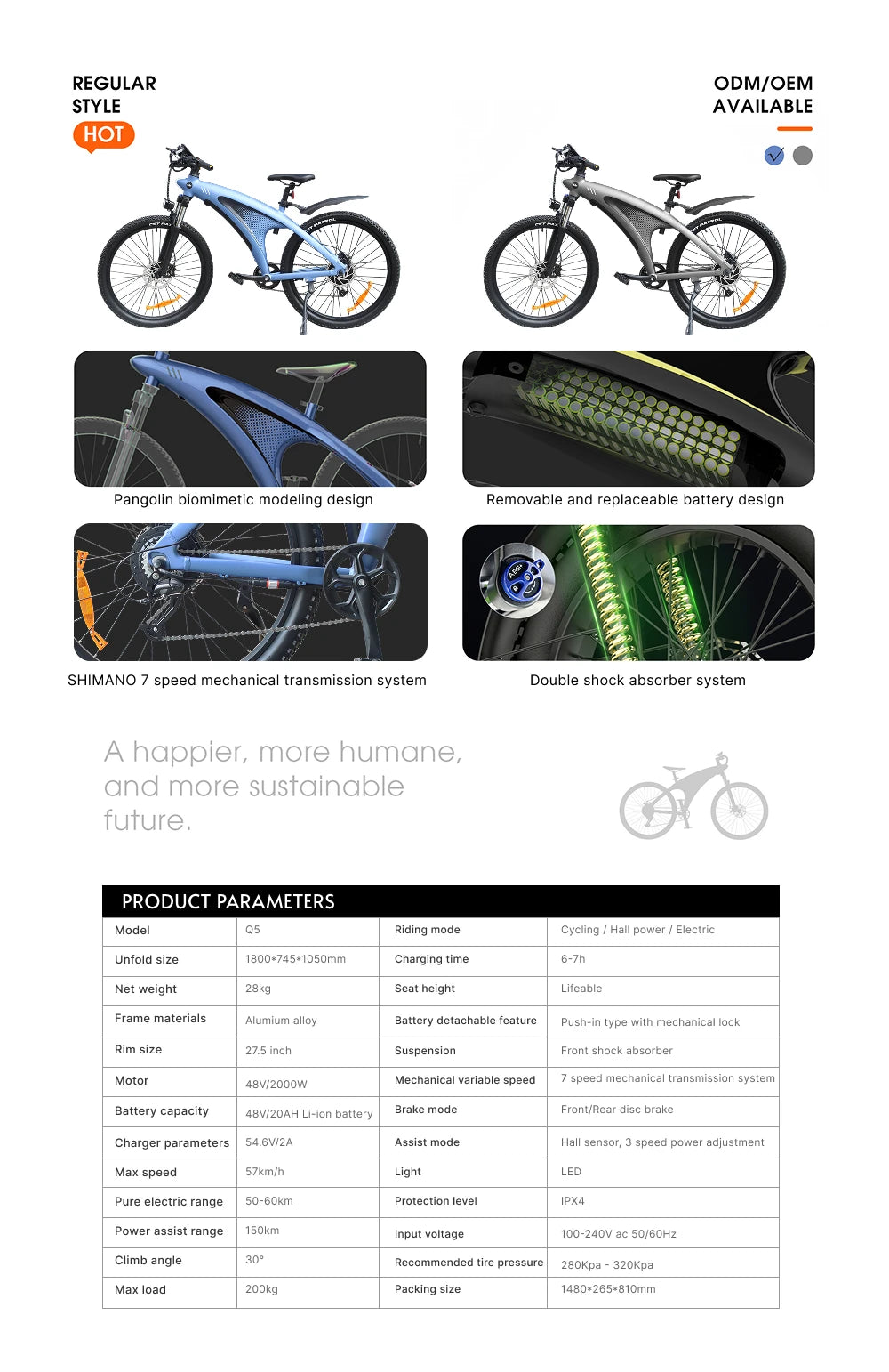 HX Q5 2000W Ebike Adult Electric Mountain Bicycle 27.5 inch Electric Bike 57km/h Removable battery Moped E Bikes Road Bike - Enfance-Heureuse