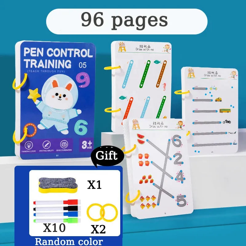 Kids Pen Control Training Book with Pen Reuse Montessori Drawing Children Erasable Painting Book Early Education Book Pen - Enfance-Heureuse