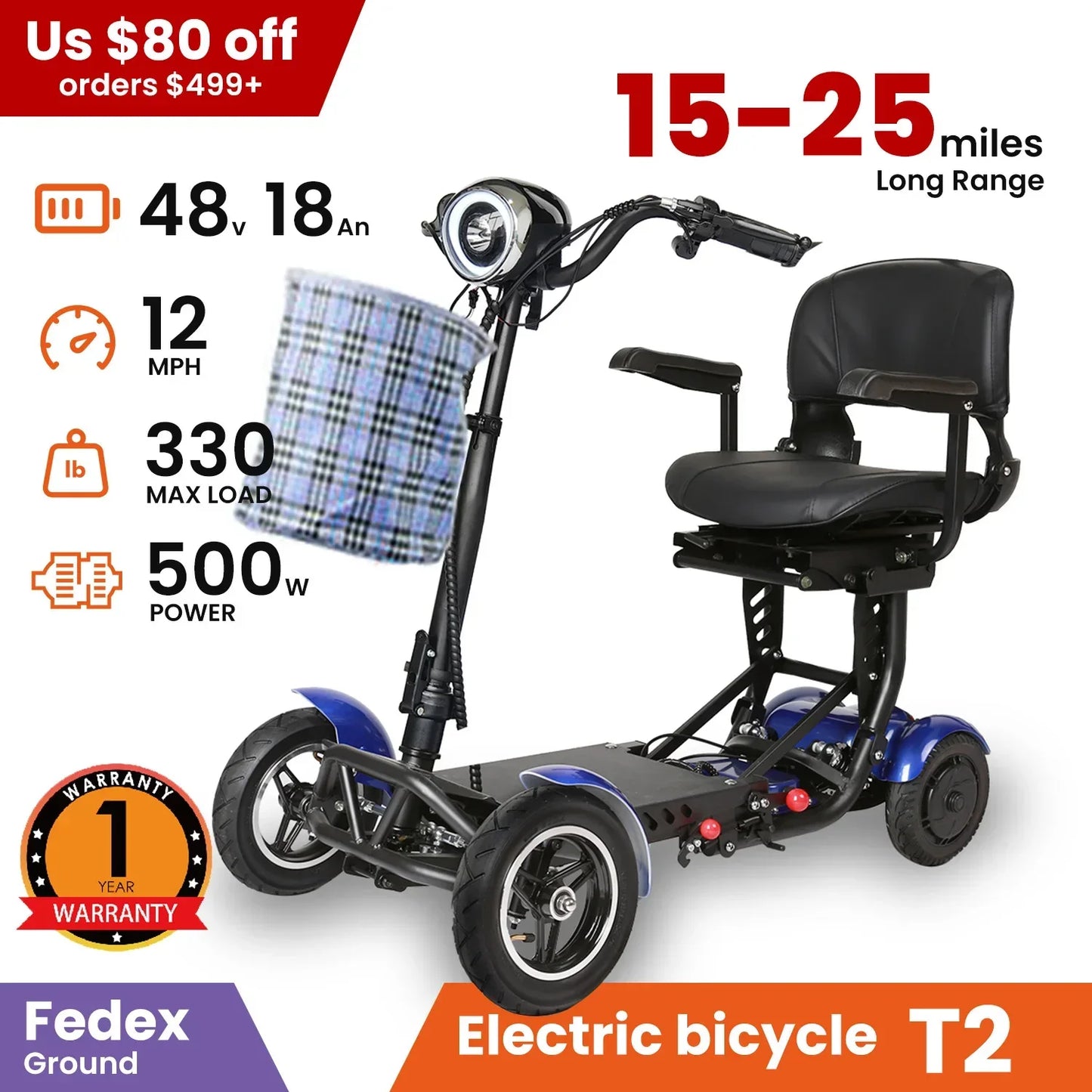 48V 12mph 500W Lightweight Foldable Four-wheel Electric Scooter 15-25miles E-Scooters 2 Dual Motor 2 Seat For Elderly/Disabled