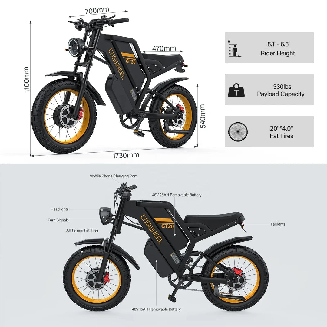 Coswheel Electric bike 3000W GT20 PRO Off Road Electric Motorcycle 48V 40AH Dual Motor Dual Battery Mountain bike Fat Tire Ebike - Enfance-Heureuse