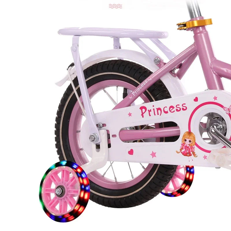 Vélo rose princesse avec siège arrière et roue à assistance flash pour enfant, bicyclette de ville pour bébé fille