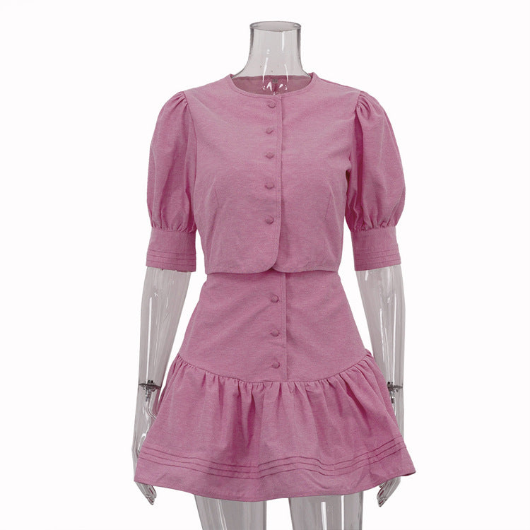 Puff Sleeve Short Top Patchwork A- Line Skirt Two-piece Set - Enfance-Heureuse